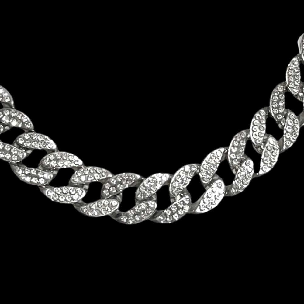 Iced Cuban Link Chain Necklace Silver Tone Chunky Collar Pave Rhinestone 18"